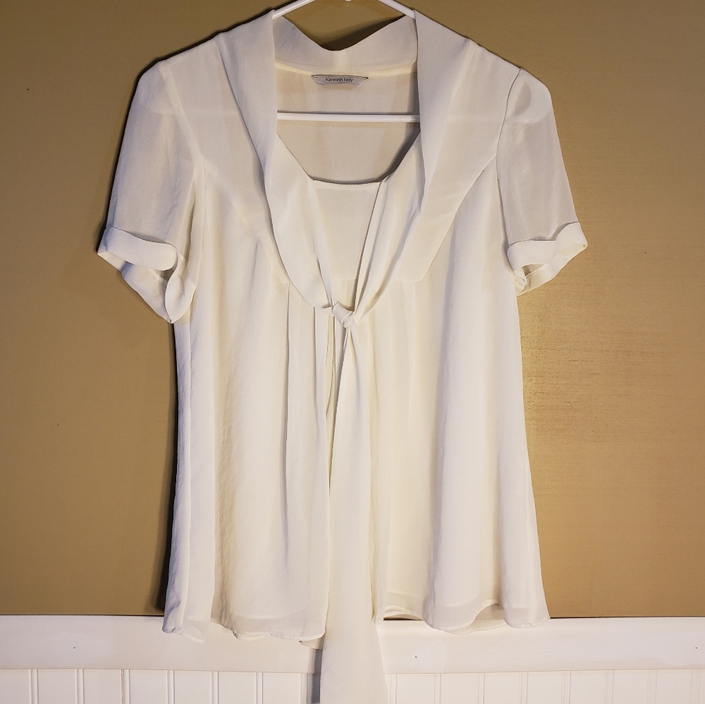 Kenneth Lady White Tie Neck Sheer Blouse S